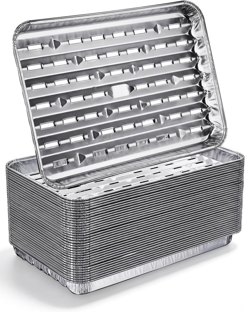 25Pcs Broiler Pans for BBQ Grill, 9.2 x 13.5 Grill Pan Liners with Ribbed Surface, Disposable Aluminum Foil Trays for Oven with Hole