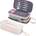 NOL Natural Organic Lifestyle Large Capacity Pencil Case Zipper Pencil Purse 3 Compartment Pencil Pouch Office Stationery Organizer Multi-functional Pencil Bag for School Girl Boy Adults - Cream