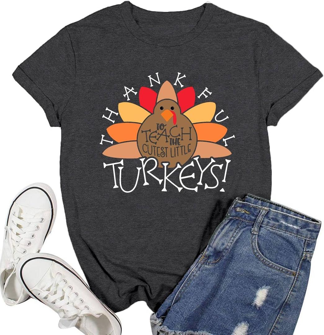 Women Thanksgiving Shirts Thankful Teacher T-Shirt Thankful Turkeys Letter Print Teacher Tee Top (Medium, Grey)