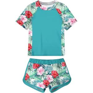 ADUKIDE Girls Rash Guard Swimsuit 2-Piece Bathing Suit UPF 50+ Summer Beach Swimwear Size Floral Hawaii 13T