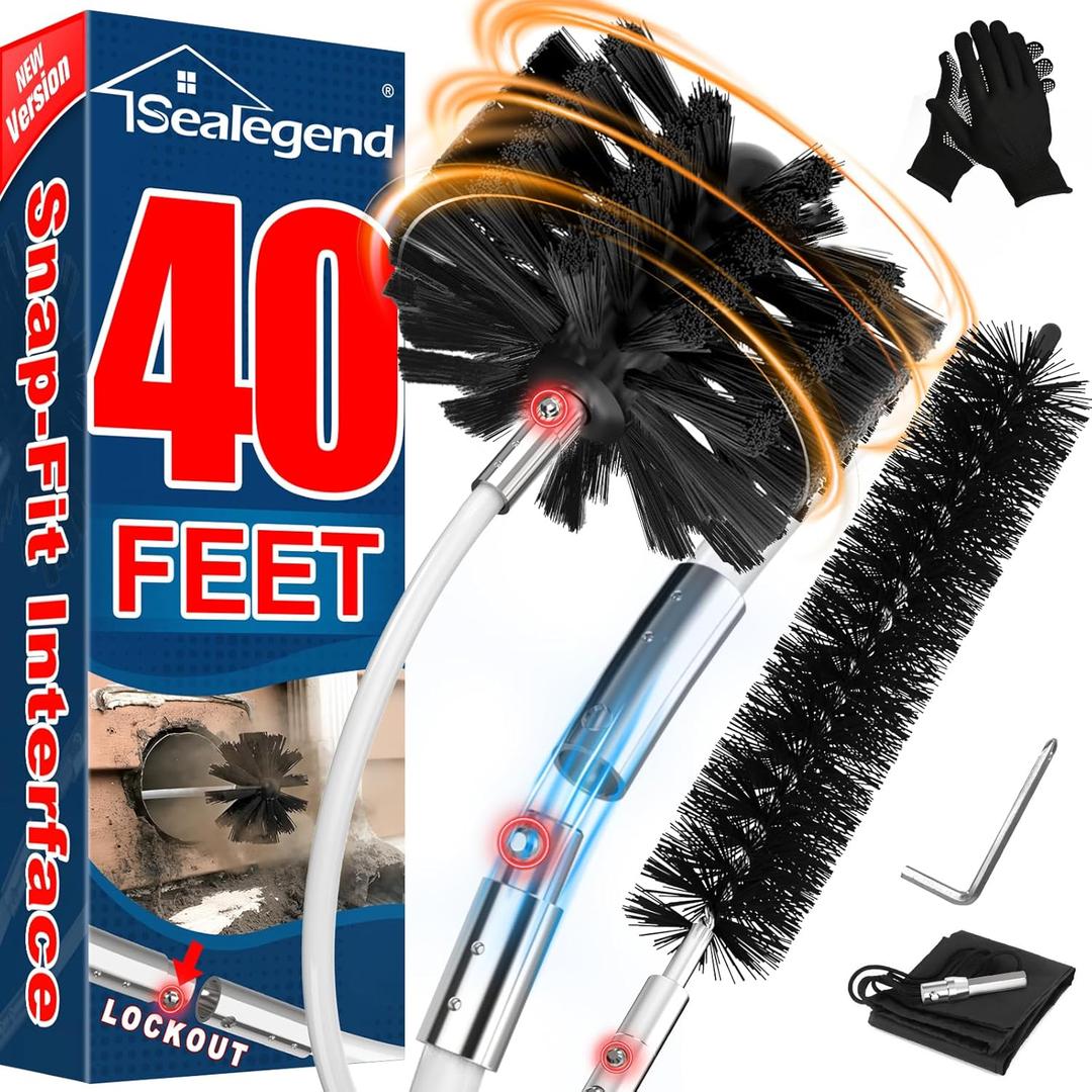 Sealegend 40 Feet Dryer Vent Cleaner Kit/Lint Remover/Upgraded Flexible Quick-Snap Brush with Drill Attachment/Fireplace Chimney Brushes for Easy to Use/Works with or Without Power Drill