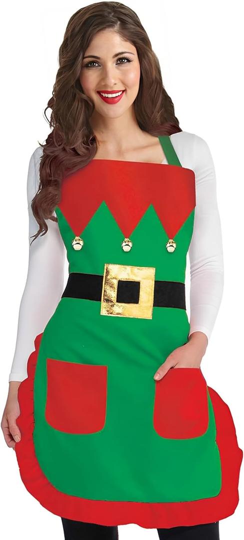 Red & Green Elf Apron for Teens & Adults - Standard Size (1 Pc.) - Premium Quality Fabric Apron, Ideal for Christmas Day, Holidays & Costume Parties