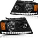 LED Headlight Assembly, Compatible with 2004-2008 Ford F150/2006-2008 Lincoln Mark LT Replacement Headlamp Pair of Driver Left & Passenger Right Side Black Housing Amber Reflector