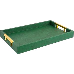 Modern Elegant 17.5"x12" Rectangle Emerald Green Shagreen Faux Leather Decorative Tray Ottoman Coffee Table Perfume Living Room Kitchen Serving Tray with Gold Polished Metal Handles for All Occasion's
