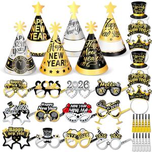 DPKOW New Years Eve Party Supplies 2026 Glasses New Years Eve Party Hats Headbands, Black Gold Silver Paper Glasses NYE Cone Hats and Noise Makers, NYE Decorations Photo Booth Accessories Kit, 36pcs