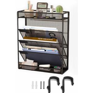 5 Tier Mesh Wall File Organizer,3 Pockets vertical Mount Hanging Organizer with Top/Bottom Tray | 2 Hooks | Wall Mount & Door Hanging for Office Home