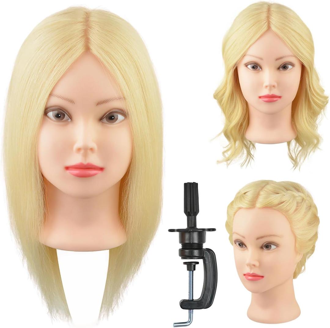 16" 100% Blonde Real Human Hair Mannequin Head Training Practice Head with Clamp Holder for Hairstyle Design (613#)