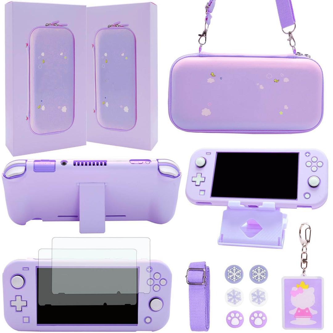 GUTIAL Accessories Bundle for Nintendo Switch Lite - Cute Kawaii NS Lite Accessories kit for Grils Boys Kids with Carrying Case, Cartoon Cover Case, Screen Protector, Stand - Purple