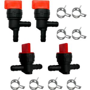 1/4 Fuel Shut Off Valve Kit for John Deere, Briggs Stratton, 4 Pack | For John Deere, Briggs Stratton, Toro and Tecumseh mowers; 2 inline and 2 90-degree valves plus 8 clamps for 1/4 inch line.