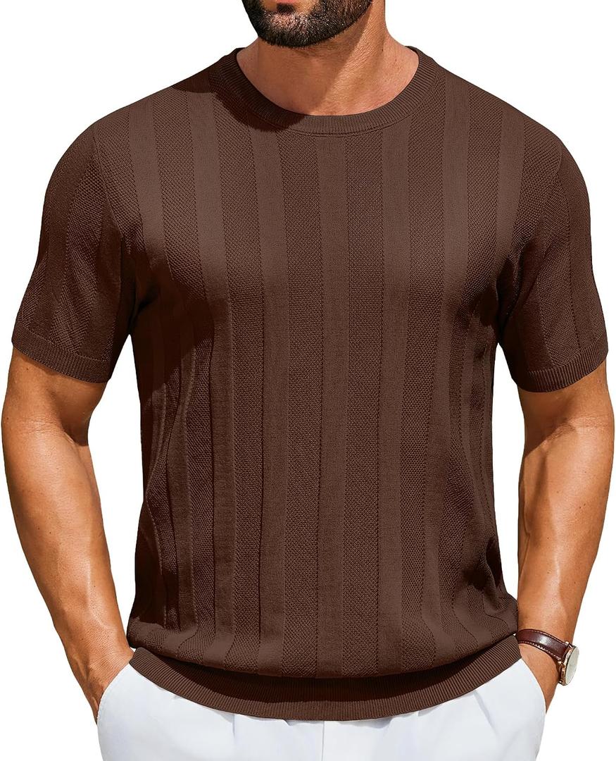 COOFANDY Mens T-Shirts Short Sleeve Knit Shirt Crew Neck Sweater Fashion Casual Textured Pullover Tees (Brown, XXXL)