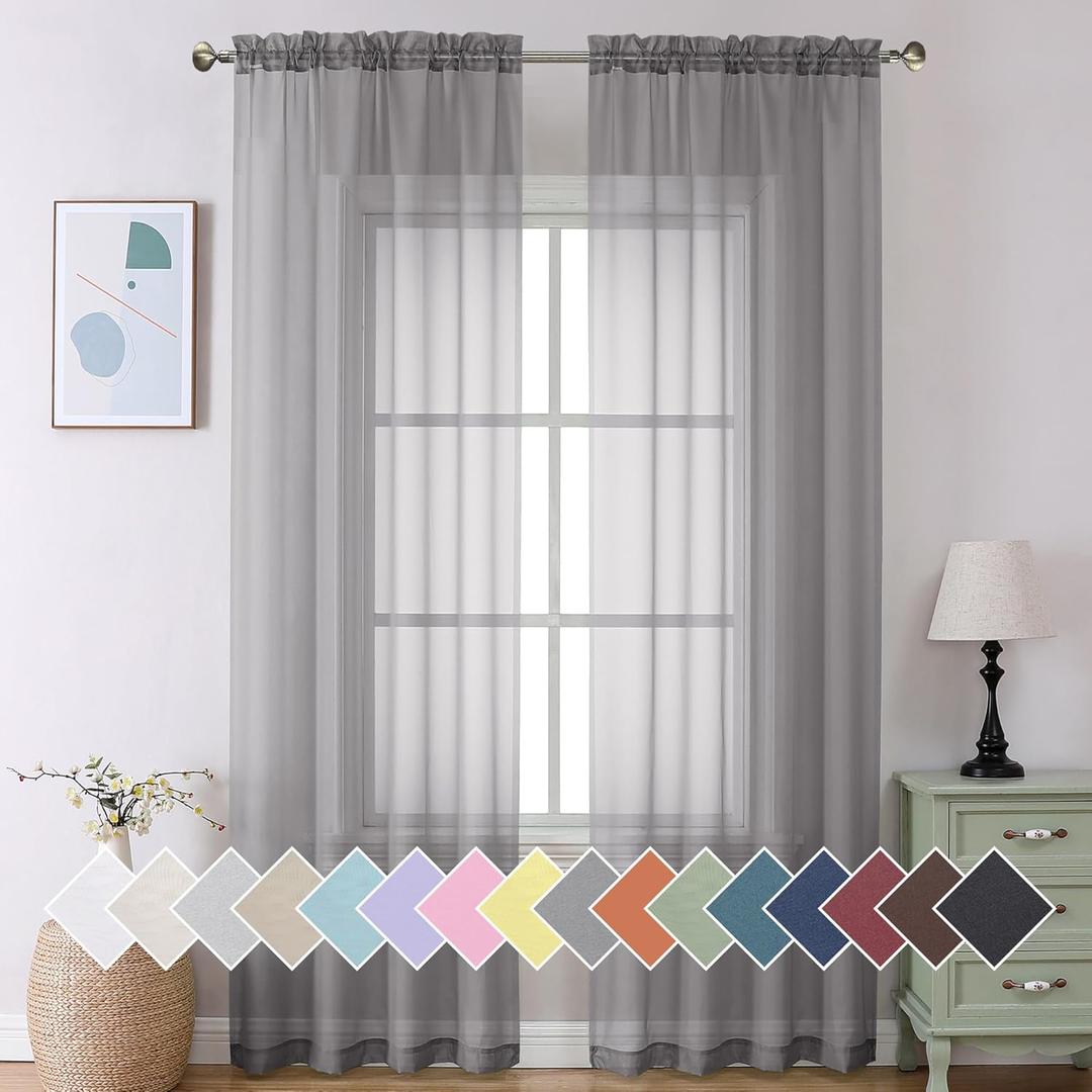 Aiyufeng 2 Pack: Basic Grey Sheer Curtain Drapes for Living Room 108 Inch Length 2 Panels, Light Filtering Voile Drapes for Bedroom, Patio, Sliding Door, Each 40" W x 108" L