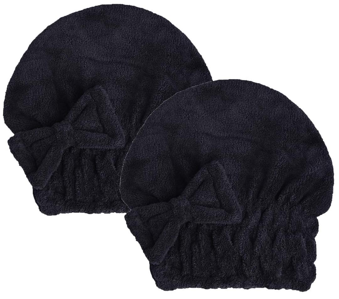 Microfiber Hair Drying Towels Head wrap with Bow-Knot Shower Cap Hair Turban hairWrap Bath Cap for Curly Long & Wet Hair Gift for Women Blackx2