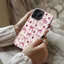 for iPhone 16 Pro Case Cute - Wireless Charging Compatible - Dual-Layer Hard Shell + Silicone Cover - Aesthetic Protective Trendy Phone Case for Women - Coquette Cherry & Bows Ribbons