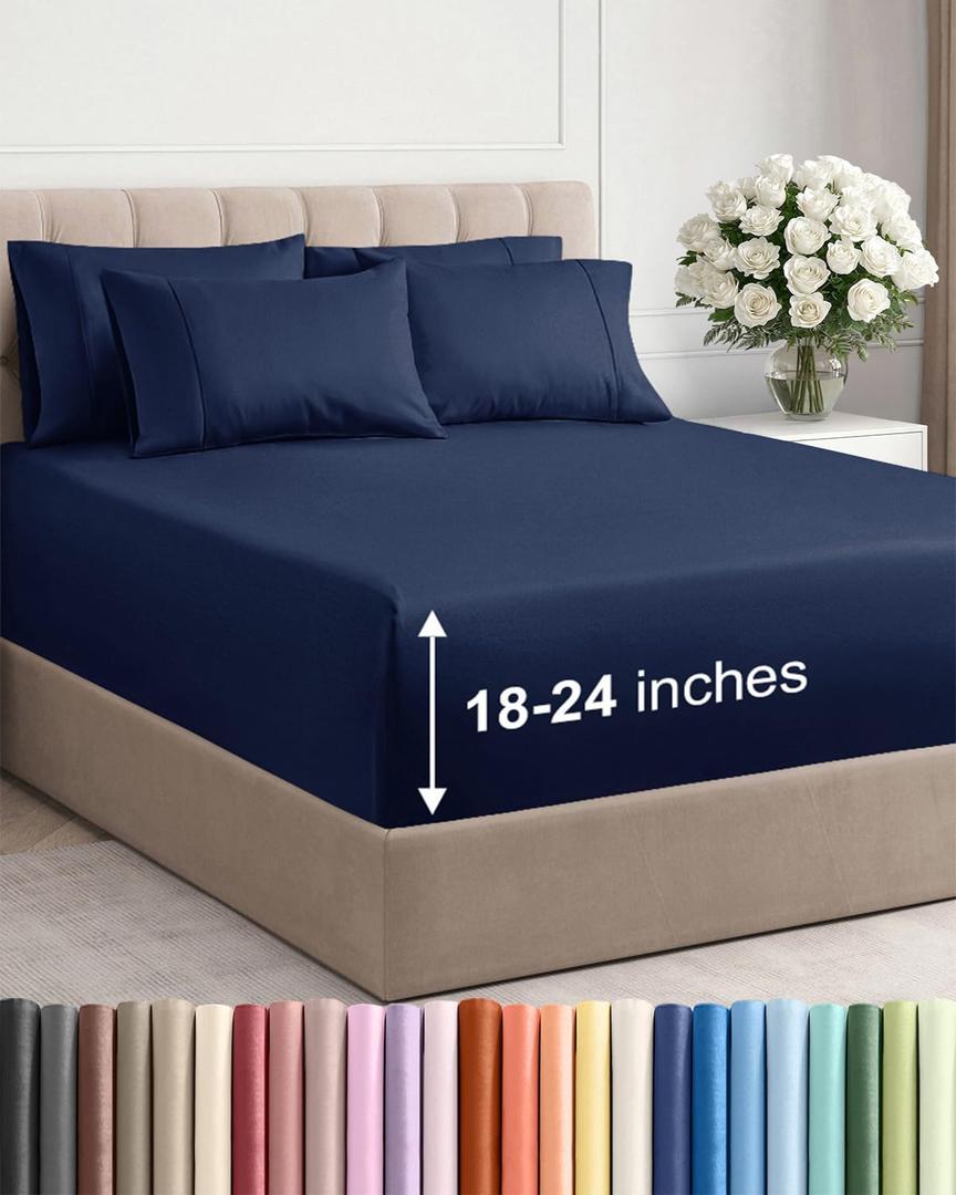 Extra Deep Full Sheet Set - 6 Piece Breathable and Cooling Sheets - Hotel Luxury Bedding for Women, Men, Kids & Teens - Easy Secure Fit - Soft, Wrinkle Free and Comfy - Extra Deep Pockets - Navy Blue