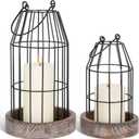 Rustic Wire Metal Cloche Set of 2 Candle Lantern Decorative Indoor Outdoor Vintage Cage Candle Holders Modern Farmhouse Decor for Fireplace Mantle Entryway Living Room Kitchen Coffee Table Centerpiece (Black/Brown)