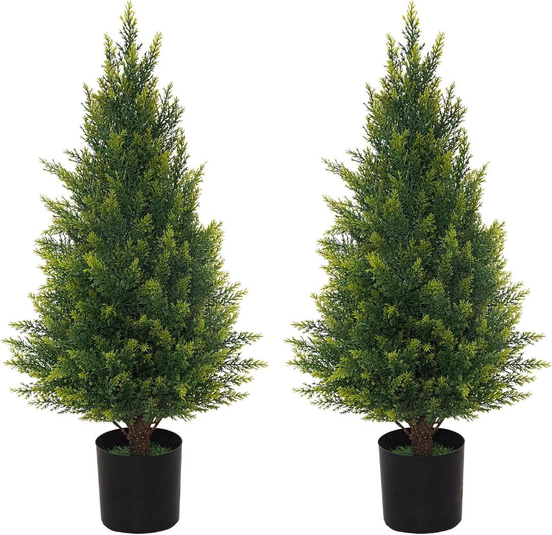 Artificial Topiary Tree Two 2.3ft Faux Bushes Potted Plants UV Resistant Artificial Cedar Trees for Outdoor Indoor Front Porch Garden (2.3 feet)