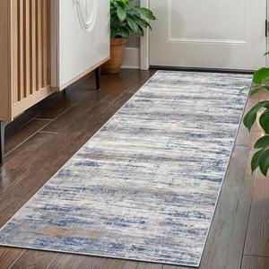 KOZYFLY Modern Abstract Washable Rug Runner 2x5 Hallway Rug Runner Non-Slip Soft Kitchen Runner Rugs, Distressed Grey-Blue Striped Carpet for Entryway Bathroom Laundry Room Foyer