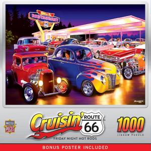 MasterPieces - 1000 Piece Jigsaw Puzzle, Route 66 Friday Night Hot Rods, Fun for Adults, Family, Kids, 19.25" x 26.75"