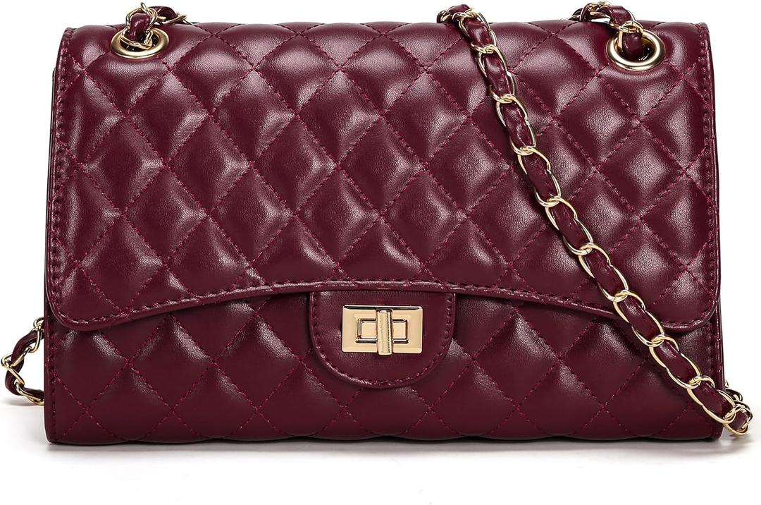 Quilted Crossbody Purse for Women Trendy Ladies Shoulder Bag with Chain Strap PU Leather Cross Body Bags Satchel HandBag (Wine Red)