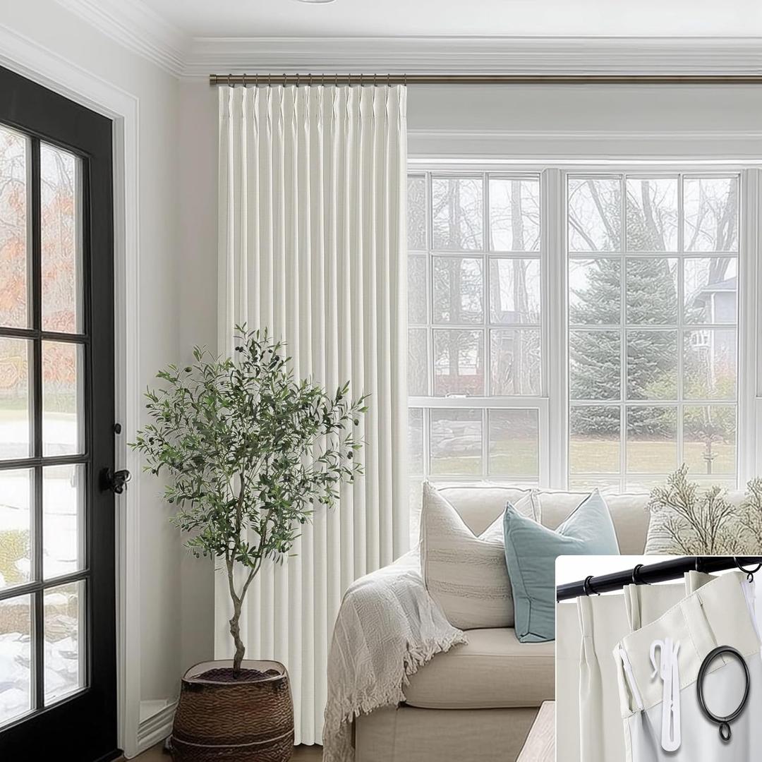 92 Inch Black Out Curtains for 96 Inch Long Ceiling,Blackout Cream Pinch Pleated Faux Cotton Canvas 60 72 Extra Wide Curtain Drapes for Living Room