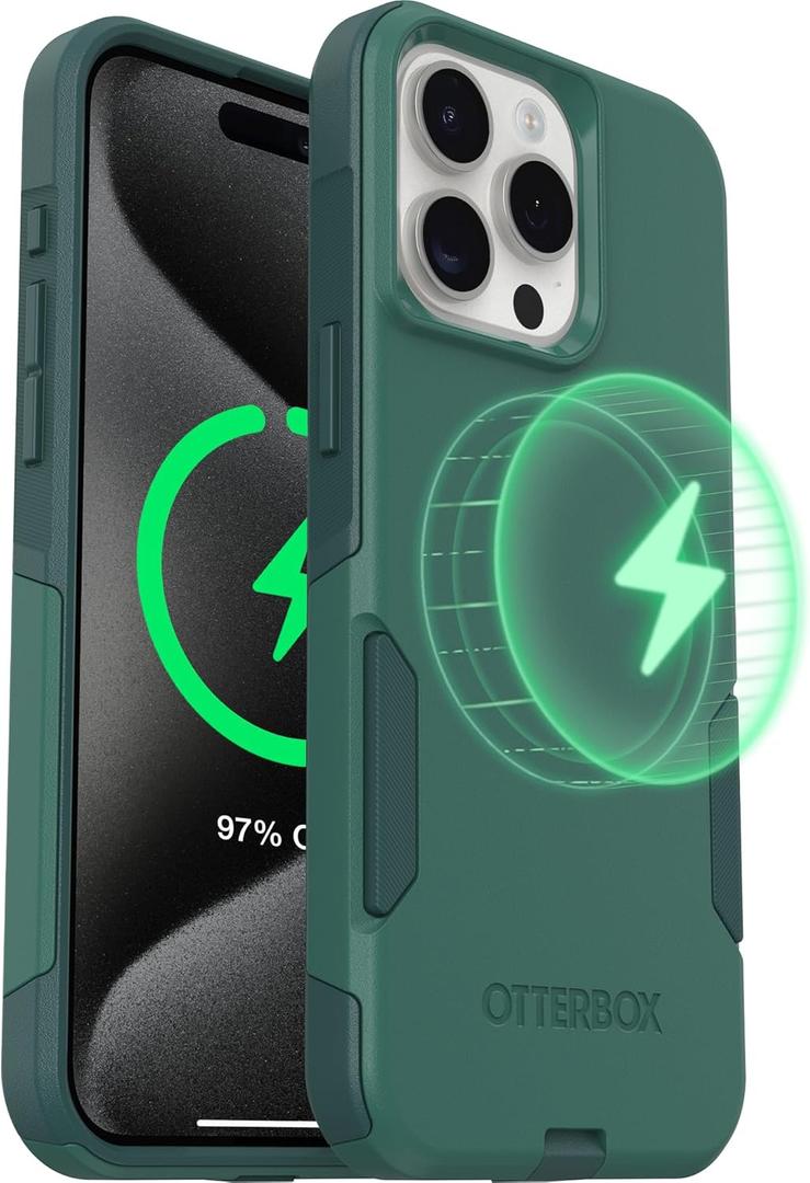 OtterBox iPhone 15 Pro Max - Commuter MagSafe Case - Slim & Tough - Pocket-Friendly - Dual Layer Drop Protection - Port Covers  Non-Retail Packaging - Green (Get Your Greens)