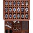 ROTHWELL 18-Slot Watch Case with Drawer  Luxury Watch Box for Men, Real Glass Top, Lockable, Display Case for Collections (Tan/Brown)