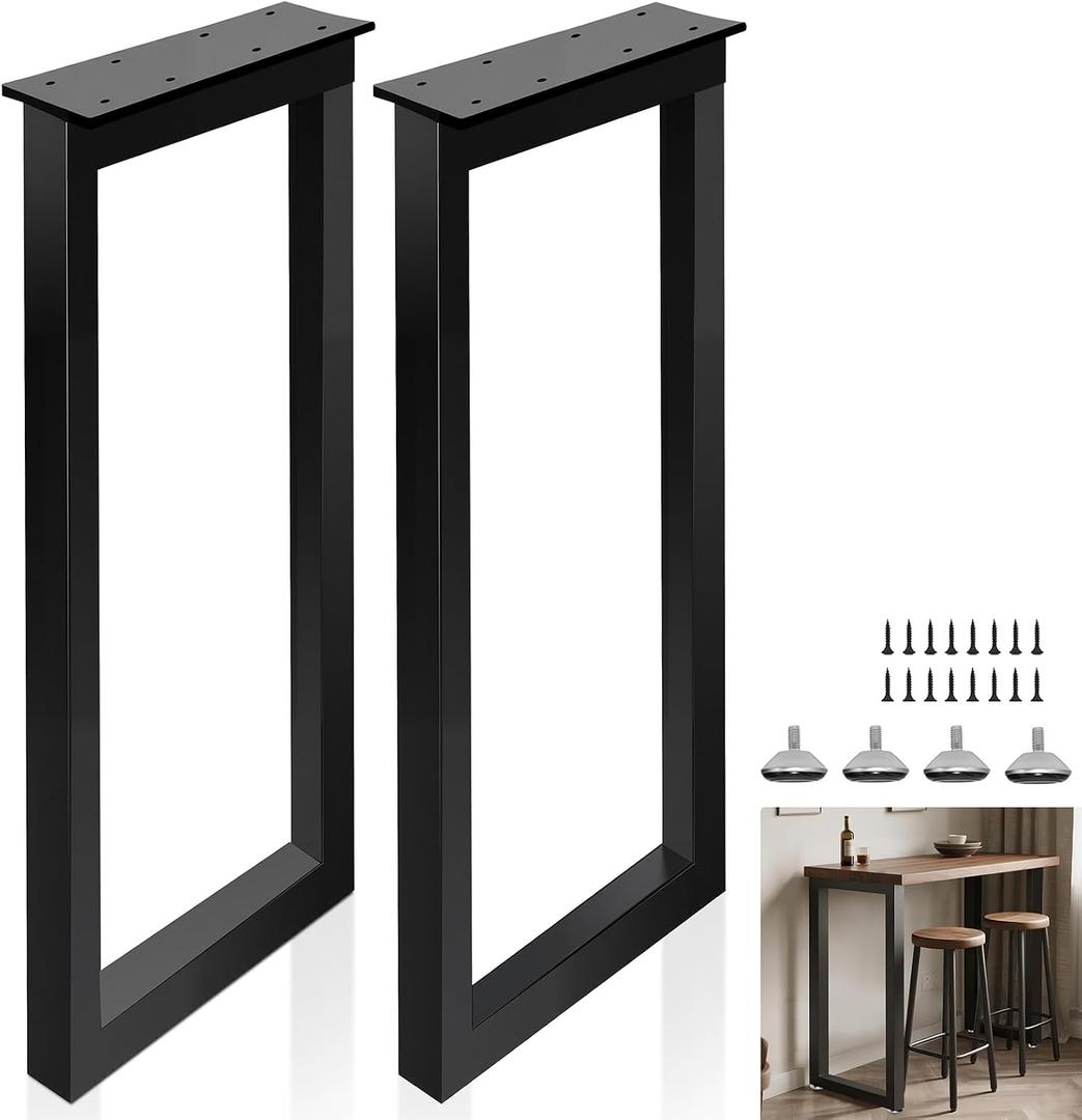 40 Inch Metal Bar Table Legs, Heavy Duty Desk Dinning Table Legs with Adjustment Feet Pads DIY Iron Furniture Feets, Set of 2,Black, H40 " Square