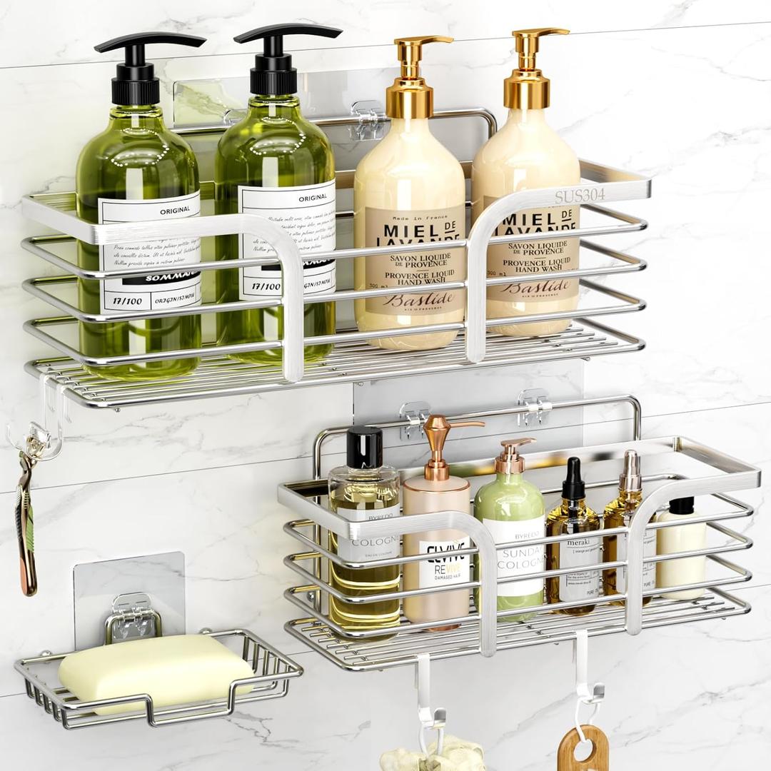 Yougai Shower Caddy Shower Shelf with Soap Dish and 4 Hooks, SUS304 Stainless Steel Shampoo Holder Bathroom Shower Organizer No Drilling Adhesive Wall Mounted Storage Shelves Basket Accessories-3 Pack (Silver)