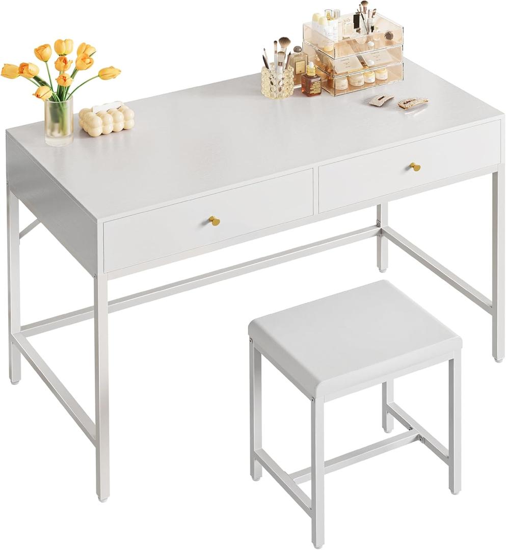 SUPERJARE 43-inch White Desk with 2 Drawers and Padded Stool, Modern Makeup Vanity & Computer Desk with Storage for Home Office, Bedroom Study, 43.3 inch