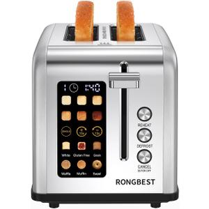 2 Slice Easy Touch Screen Toaster, Stainless Steel Toaster with Wide Slots, Even Toasting for Bagels & Bread, Reheat & Defrost, Removable Crumb Tray, Silver