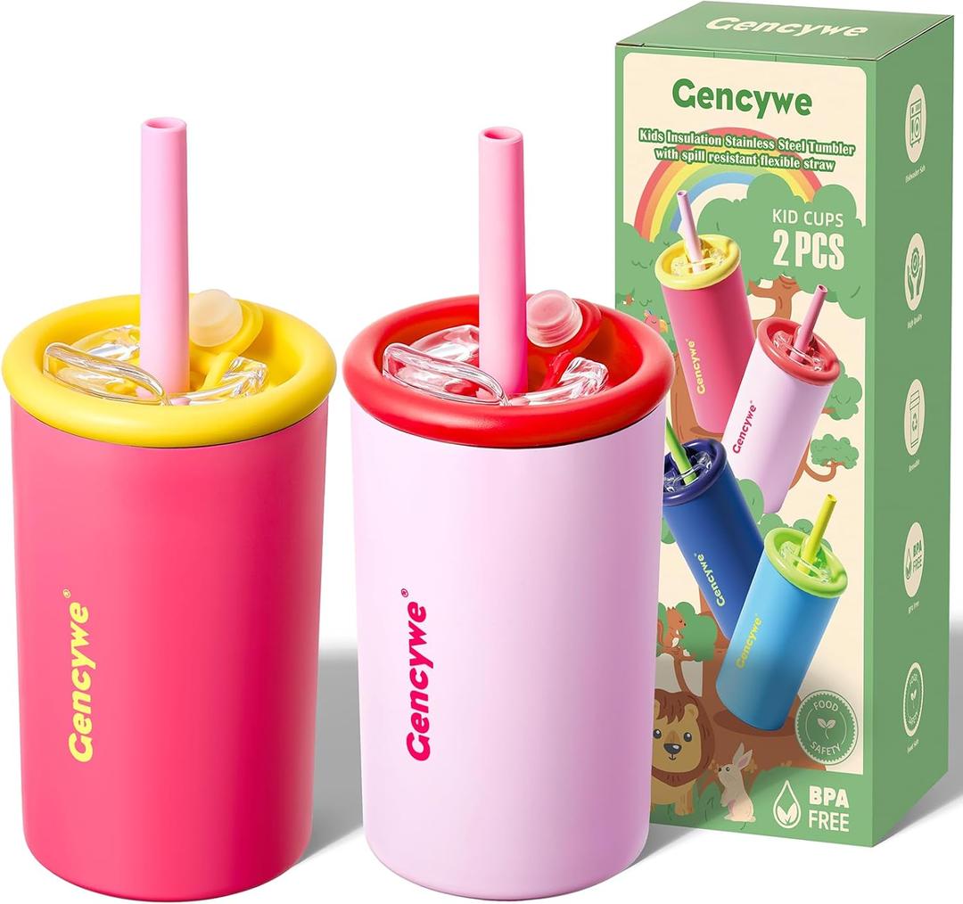 Kids Stainless Steel Cups with Straws and lids | 12 oz Spill-Proof Sippy Smoothie Tumbler Set, Small Kids Snack & Drink Water Cups, BPA-Free, Dishwasher Safe, with Box (Age: 3+ years old & up) (Pink)