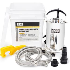 Tankless Water Heater Flushing Kit Includes 1/3HP Stainless Steel Sump Pump with Two Adapters & 3 Gallons Pail with Bucket Lid Opener & Two 1/2 Dia X 6 Hoses with Washers