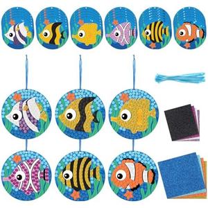 Fullhawl 48  Pcs Ocean Crafts Glitter Mosaic Fish Craft Kit Under The Sea Ocean Animals Crafts Beach Hanging Ornaments for Summer Theme Party Favors Home Classroom Activities