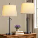 PARTPHONER Bedside Table Lamps Set of 2, Tall Black Table Lamps for Living Room, Height Adjustable Nightstand Lamps for Bedroom, Modern Lamps with Pull Chain for End Table Office(LED Bulbs Included)