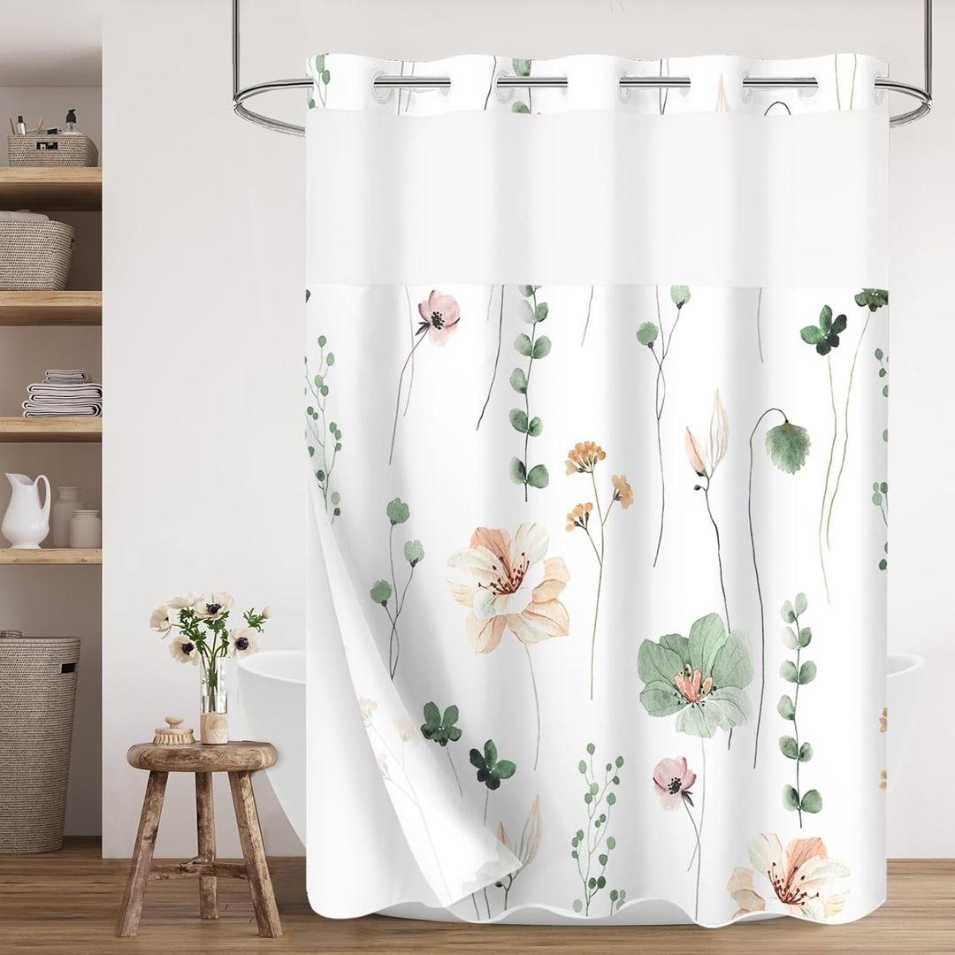 Gibelle No Hook Floral Shower Curtain with Snap-in Fabric Liner Set for Bathroom, Hotel Style Sage Green Beige Modern Flower Shower Curtain with See Through Top Window, Waterproof & Washable, 72x74