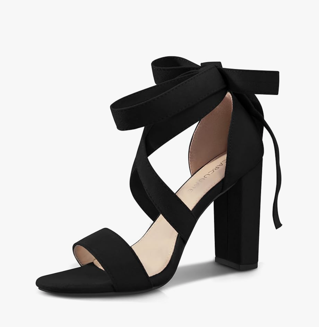 Carcuume Strappy Heels for Women Chunky Heels High Heeled Sandals with Lace Up Fashion Casual Nude Block Heel Sandals 7