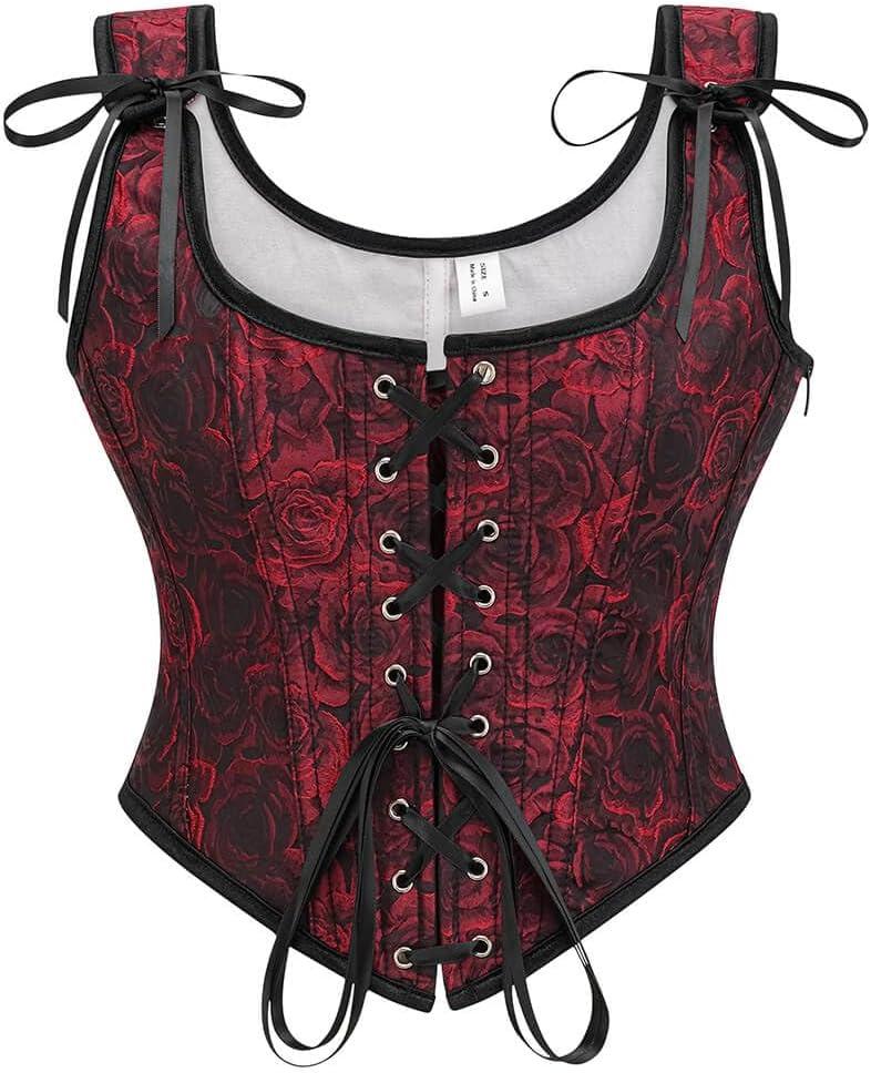 SHYMMUO Renaissance Corset Top for Women Floral Lace Up Overbust Bustier Vest Vintage Waist Cincher Bodice (Small, Red)