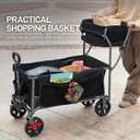 EVER ADVANCED Collapsible Push & Pull Shopping Cart with Wheels & Brakes, Foldable Wagon for Groceries with Practical Basket, Side Pockets & Cup Holders, Beach Utility Rolling Cart for Camping, Black