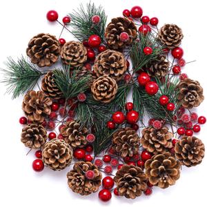 cnomg 150pcs Artificial Pine Cones Pine Branch Set Fake Natural Pinecones Acorns Red Berries Christmas Decor Ornaments for Home Winter Decorations