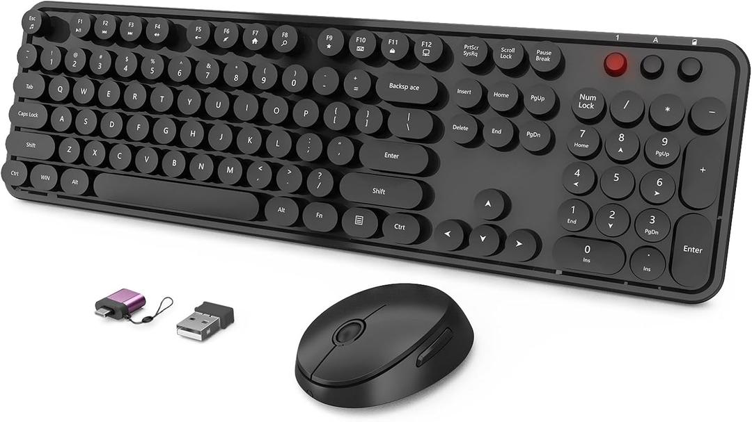 Wireless Keyboard and Mouse Combo, Ergonomic Full Size Typewriter Retro Round Keycaps Keyboard, Compatible with Windows, PC, Perfect for Home and Office Keyboards (Black