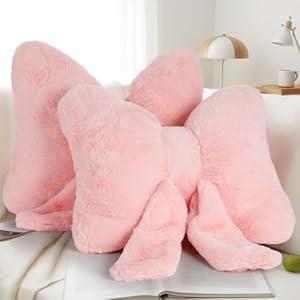 2 PCS Pink Bow Pillow, Soft Bow Decorative Pillows with Faux Fur, Cute 12" Bow Throw Pillows, Aesthetic Home Decor Bow Shaped Plush Pillow for Bedroom Sofa Couch