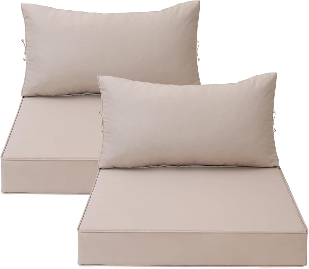 Outdoor Chair Cushions for Patio Furniture, Waterproof Sectional Cushions Replacement Set of 2, 25.6 x 25.6 Inch Cushion and Backrest Pillow with Removable Cover for Sofa Deep Seat Wicker Couch (Khaki)