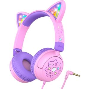 iClever Kids Headphones Cat Ear, LED Light Up, 85dBA Safe Volume, Stereo Sound Toddler Headphones for Travel School, Foldable 3.5mm Wired Kids Headphone for iPad Tablets, Meow Lollipop -Pink