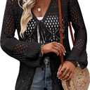 Women Crochet Cardigan Lightweight Tie Front Hollow Out Long Sleeves Summer Knit Cover Cardigans (Black, L)