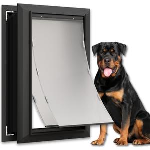 X-Large Aluminum Dog Door for Exterior, Cutout Size 14 1/ 2''W x 25 1/ 8''H, Heavy Duty Magnetic Double Flap for Extreme Weather, Energy-Efficient, Easy to Assemble, Lockable Panel Included, Black