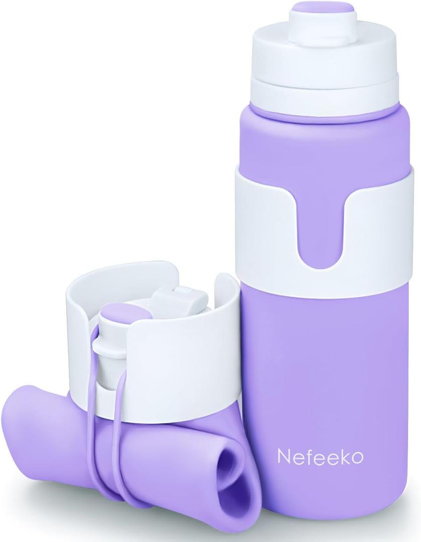 Nefeeko Collapsible Water Bottle, BPA Free 26oz Foldable Water Bottle for Travel Sports, Leak-Proof Spill-Proof Portable Water Bottles with Carabiner, Lightweight (Purple)