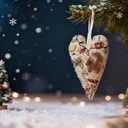 2 x Handcrafted Christmas Heart Ornament, Fabric Holiday Decor, Rustic Reindeer and Santa Pattern, Hanging Tree Decoration (Two)