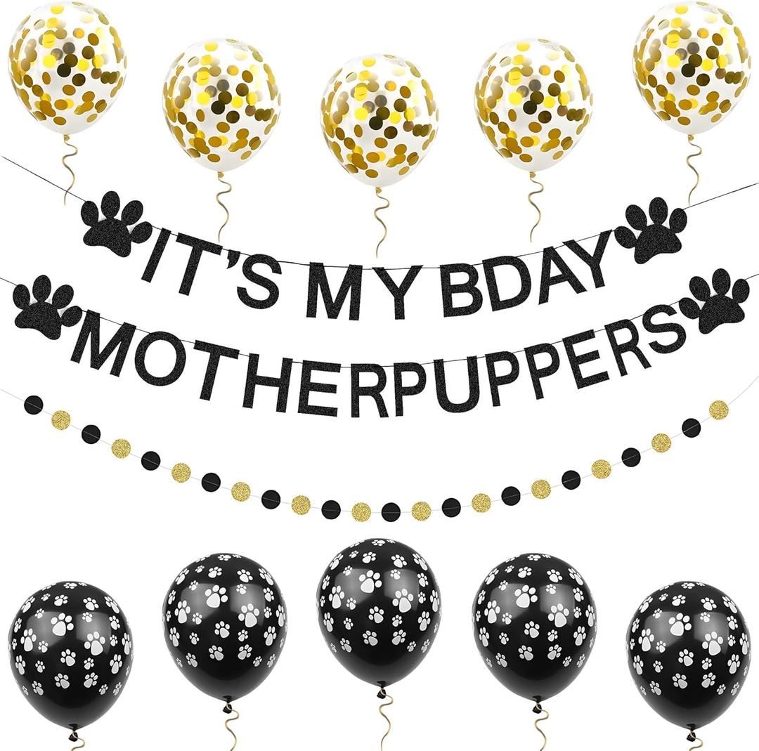 Dog Birthday Party Decorations Supplies It's My Bday Mother Puppers Banner Puppy Dog Paw Backdrop Funny Dog Birthday Bunting 12 Inch Paw Balloon Pet Party Supplies Black Glitter Dot Circle Garland