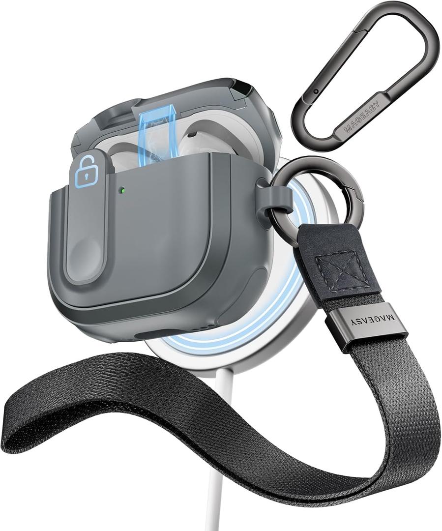 MAGEASY Odyssey AirPods 4 Case Cover with Secure Lock + Travel Clip + Wristlet, MagSafe Wireless Charging Compatible, Drop Protection Apple AirPod Pro 4 Generation Magnetic Case (Metal Blue Grey)