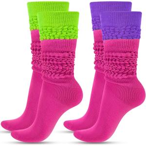 JenPen 2 Pairs Neon Slouch Socks for Women 80s 90s Scrunch Socks Soft Extra Long Size 9 to 10 (Medium-Large, Rose Red, Fluorescent Green, Purple)